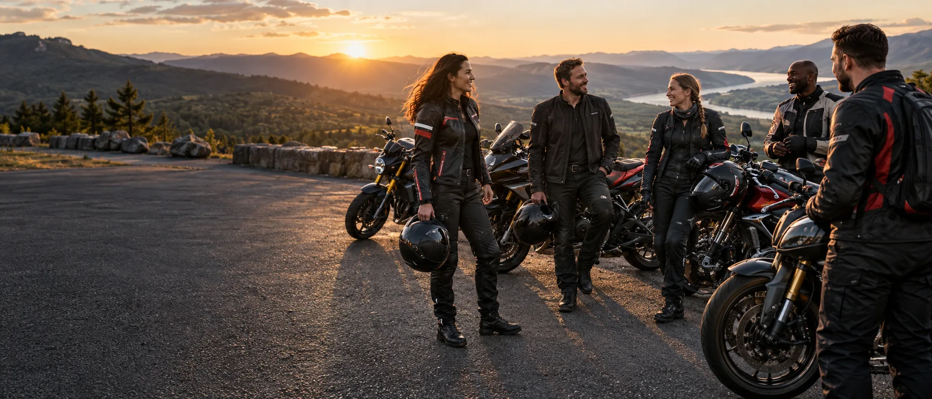 A motorcycle community gathers at a mountain overlook at sunset