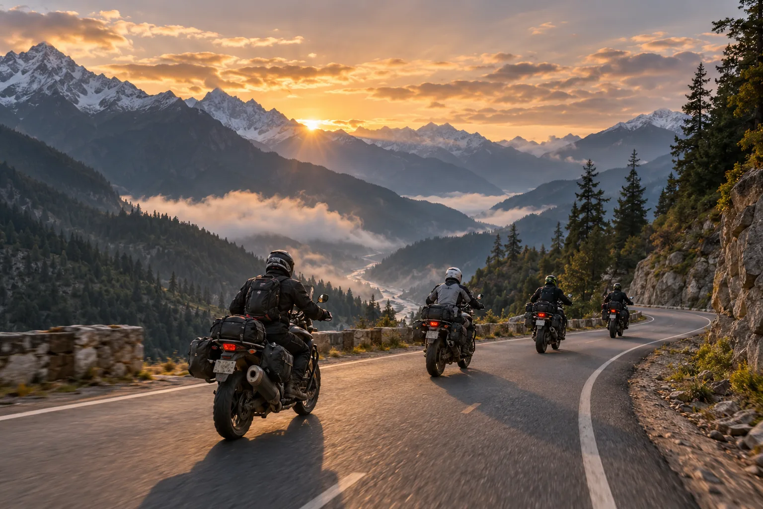 Adventure motorcyclists riding together on a Himalayan road at sunrise