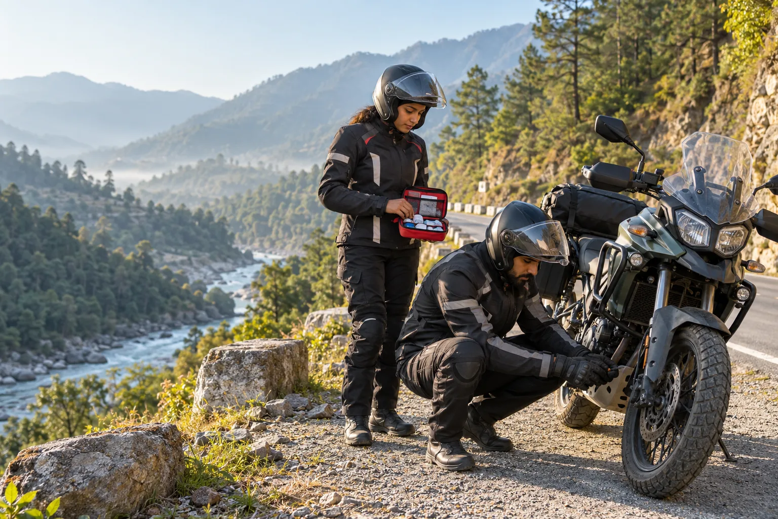 Riders in protective gear checking their motorcycle during a mountain road break